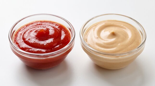 Two small glass bowls containing smooth swirls of red ketchup and creamy mayonnaise-based sauce side by side on a clean white backdrop.