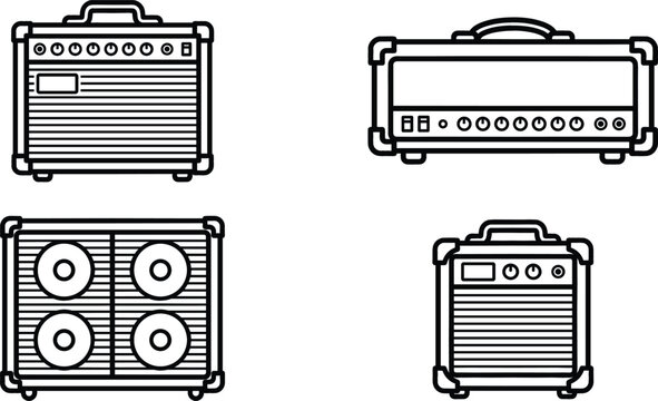 Vector set of black and white guitar amplifier icons for music equipment graphic designs