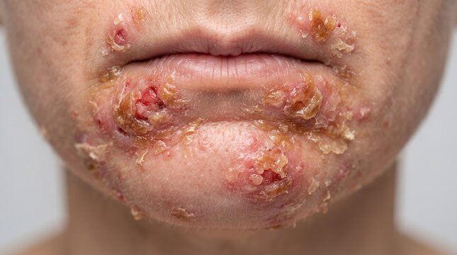 Extreme close-up of severe impetigo with honey-colored crusts or crusted herpes simplex infection around mouth and chin