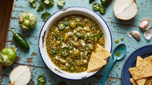 Fresh homemade salsa verde served in a vintage enamel bowl with tortilla chips, tomatillos, and jalape&ntilde;os on a rustic blue table.   