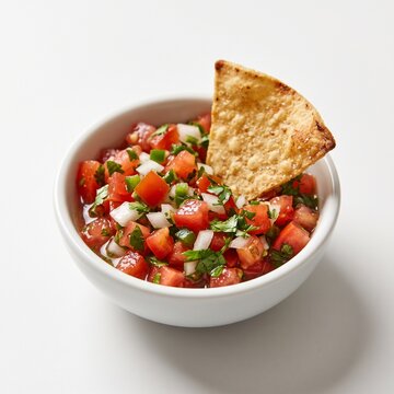 A crispy tortilla chip dipped into a white bowl filled with freshly chopped pico de gallo salsa over a white backdrop.