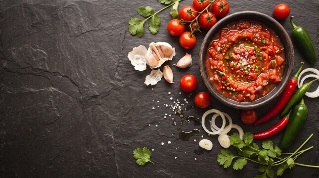 Fresh tomato salsa in a clay bowl surrounded by cherry tomatoes, garlic, chili peppers, onions, and cilantro on a dark slate background.