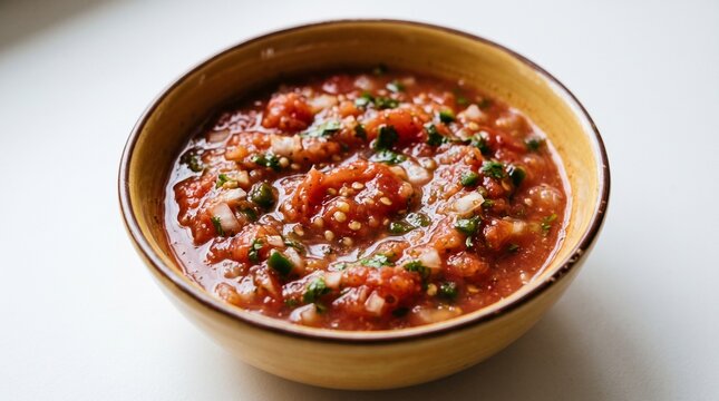 A ceramic bowl filled with fresh red salsa dip made with diced tomatoes, onions, cilantro, and spices on a clean neutral background.