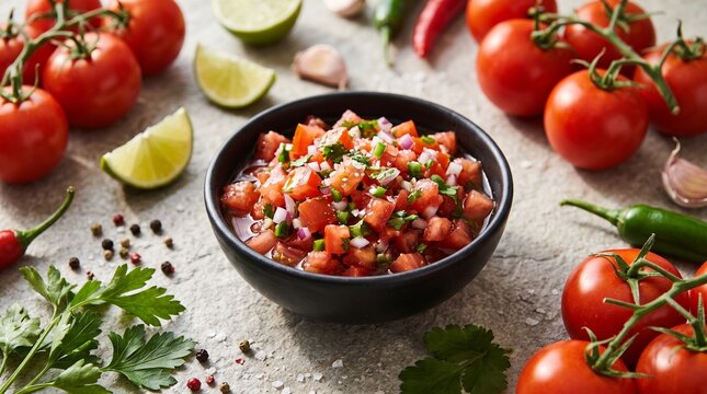 Bowl of homemade diced tomato salsa surrounded by fresh vine tomatoes, lime slices, herbs, and spices.