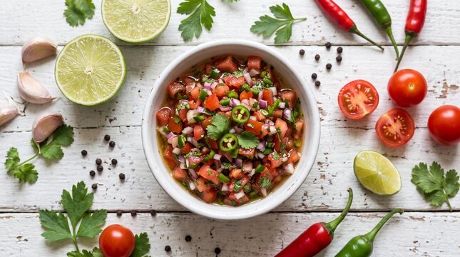 Fresh pico de gallo salsa in a white bowl surrounded by limes, tomatoes, chili peppers, garlic, cilantro, and peppercorns on a rustic wooden table.