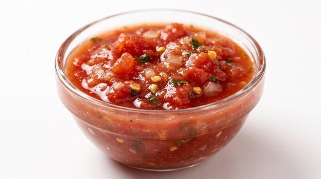 Freshly made chunky tomato salsa served in a clear glass bowl on a white surface.   