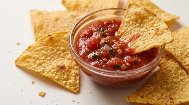 Crispy golden tortilla chips dipping into a fresh glass bowl of vibrant tomato salsa.   