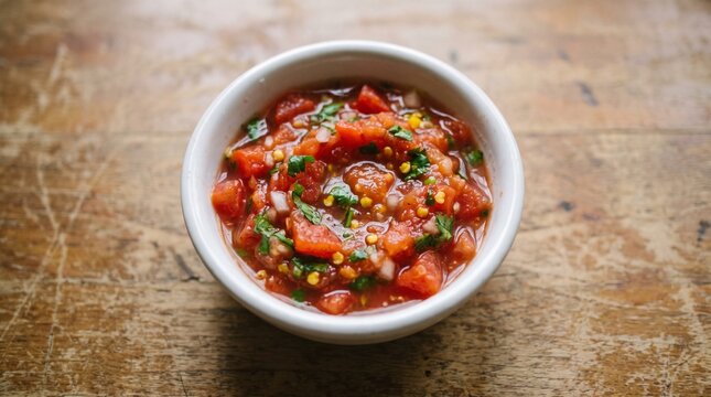 Freshly made red tomato salsa with cilantro and spices served in a small white ceramic bowl, top-down view on a rustic wooden surface.