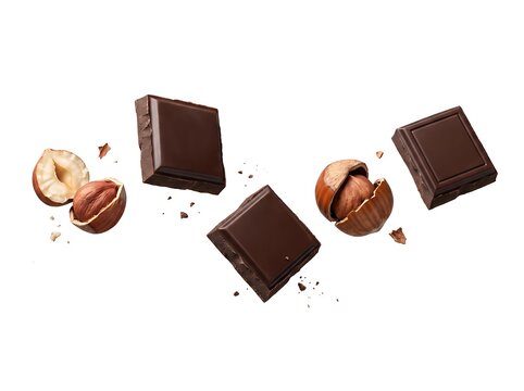 Floating Dark Chocolate Squares with Cracked Hazelnuts on White Background