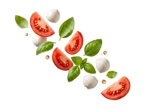Floating Tomato Wedges with Mozzarella Pearls, Fresh Basil, and Olive Oil Droplets on White Background