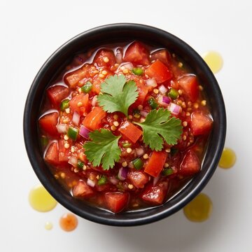 Fresh pico de gallo tomato salsa garnished with cilantro leaves in a dark bowl on a clean white background, top-view perspective.