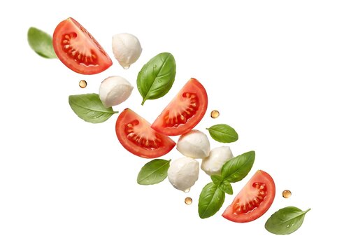 Floating Tomato Wedges with Mozzarella Pearls, Fresh Basil, and Olive Oil Droplets on White Background