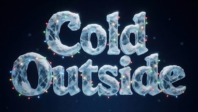 Cold Outside 3D typography text made of ice and snow with colorful fairy lights, festive winter holiday design concept for greeting card or banner