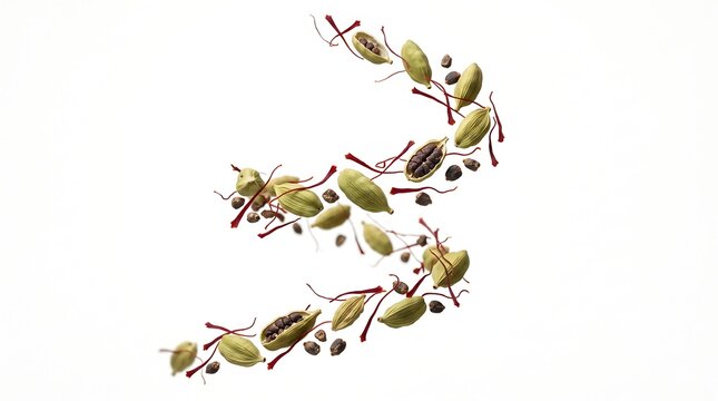 Floating Saffron Threads and Green Cardamom Pods in an Elegant Spiral on White Background