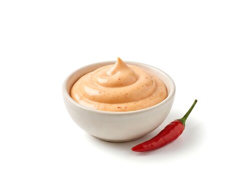Spicy Coral Mayonnaise in a Dipping Bowl with Red Chili on White Background