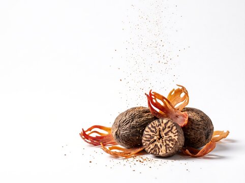 Floating Whole Nutmeg, Halved Nutmeg, Red Mace Blades, and Ground Spice on White Background