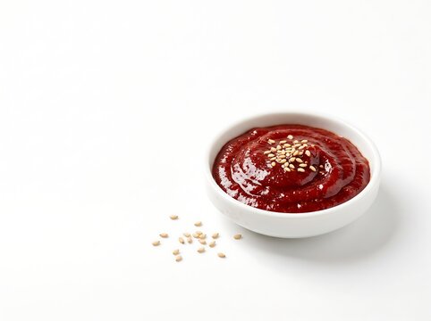 Glossy Red Gochujang Dipping Sauce with Sesame Seeds in a White Ceramic Dish