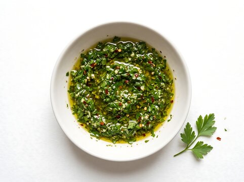 Fresh Green Chimichurri Sauce with Parsley, Garlic, and Olive Oil in a White Bowl