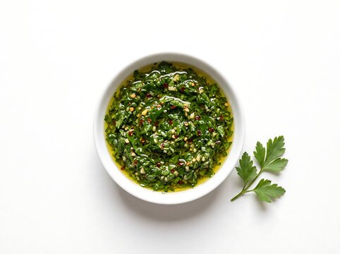 Fresh Green Chimichurri Sauce with Parsley, Garlic, and Olive Oil in a White Bowl