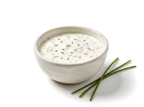 Creamy Ranch Dressing with Fresh Dill and Chives in a Ceramic Bowl on White Background