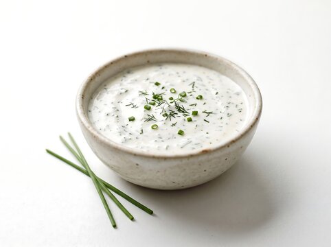 Creamy Ranch Dressing with Fresh Dill and Chives in a Ceramic Bowl on White Background