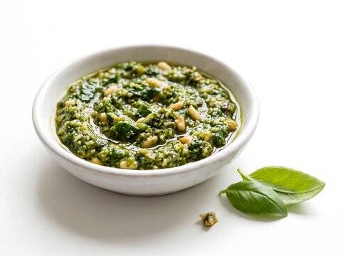 Fresh Green Basil Pesto with Crushed Pine Nuts and Olive Oil on White Background