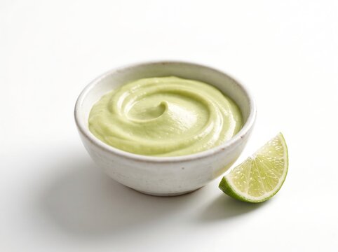 Creamy Avocado Crema with Fresh Lime Wedge in a Ceramic Bowl on White Background