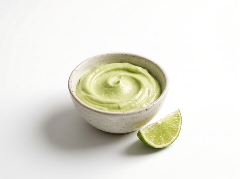 Creamy Avocado Crema with Fresh Lime Wedge in a Ceramic Bowl on White Background
