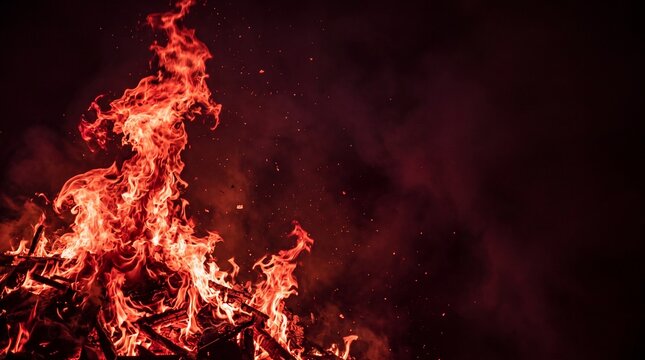 Intense bonfire burning at night with glowing embers and smoke