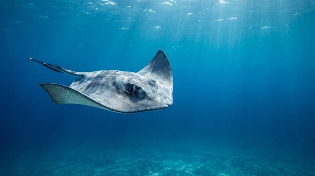 Majestic stingray swimming in clear tropical ocean water with sunlight