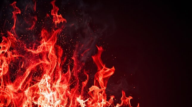 Intense fire flames with glowing sparks on black background