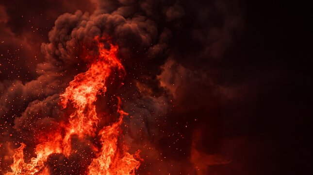 Intense orange fire flames with thick black smoke and sparks