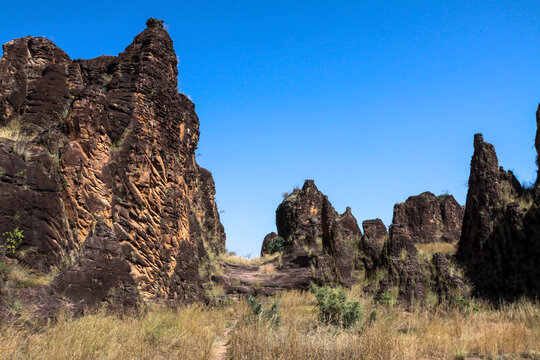 Eroded sandstone cliffs and pinnacles of the Sindou Peaks, Cascades Region, Banfora, Burkina Faso