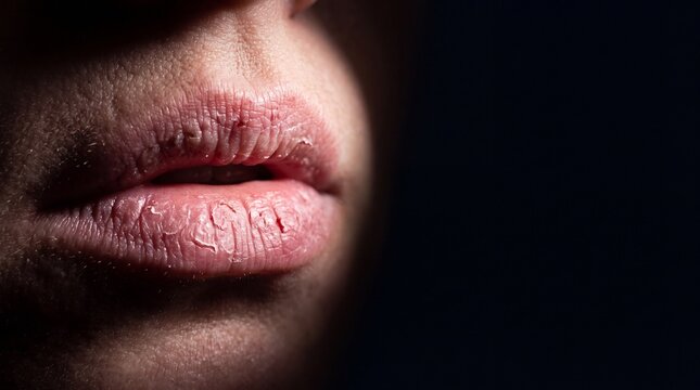 Macro shot of chapped and dry lips showing skin dehydration