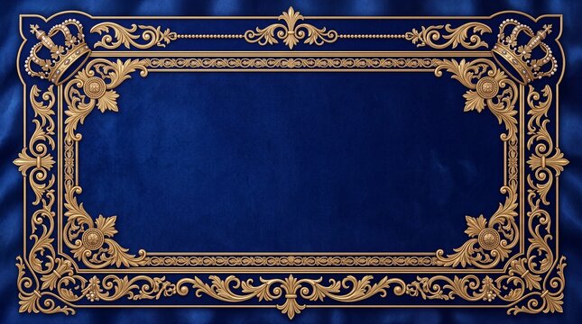 Luxury royal gold frame with vintage ornaments on dark blue velvet