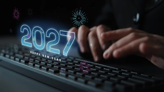 New year eve 2027 fireworks show with happy new year greeting, symbolizing celebration, reflection, hope and new beginnings for everyone. Foretell.