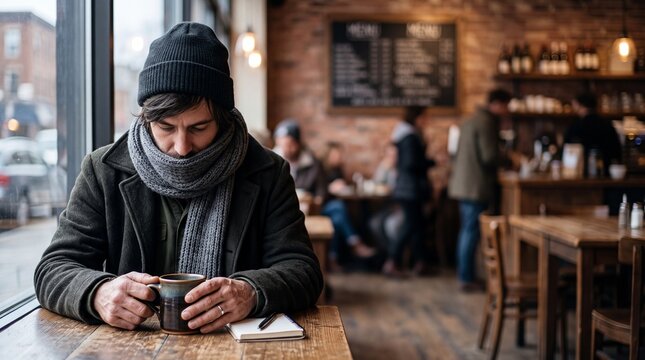 Man in winter clothes sitting in a cozy cafe with a hot drink