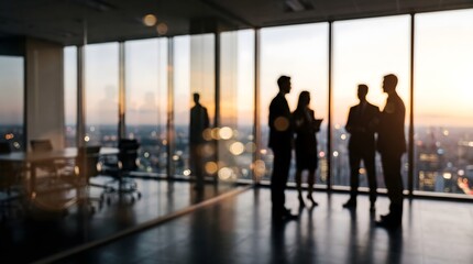 Plakat Business people silhouette meeting in corporate office, executive team silhouettes standing at sunset modern skyscraper glass window
