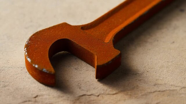Steel open end wrench lying still on beige stone surface in close up with soft side light