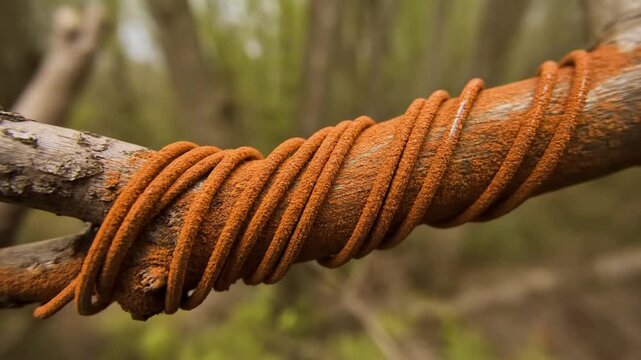Thin silver wire tightly coiled around a bare tree branch in a forest setting