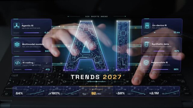 Year 2027 AI forecast with momentum index, model adoption and key technology shifts, representing machine learning progress and business automation. Foretell.