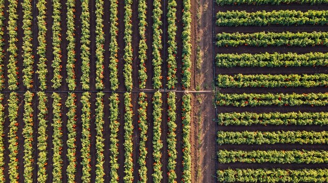 Aerial view of a tomato field with symmetrical crop rows