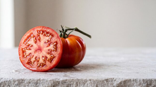 Sliced heirloom tomato and whole fruit on a stone surface