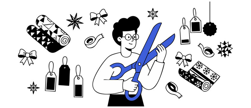 Gift wrapping craft man holding large scissors for holiday present packaging preparation, featuring rolls of paper, gift tags, bows, tape, and DIY Christmas elements in minimalist line art style.