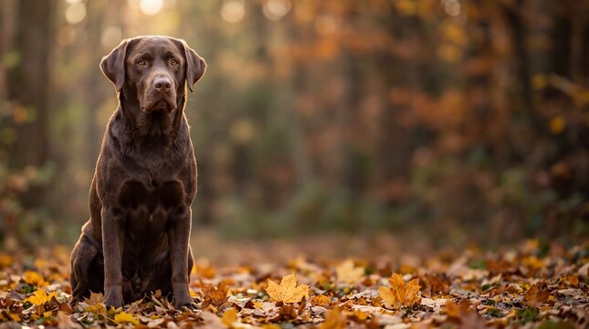 Chocolate labrador retriever sitting among fallen autumn leaves