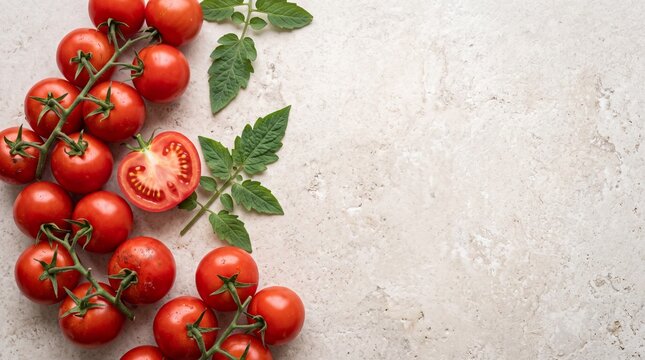 Fresh cherry tomatoes on vine and sliced half on stone background