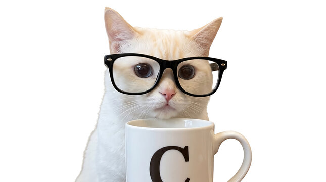 Smart Cat Wearing Glasses Next to Coffee Mug