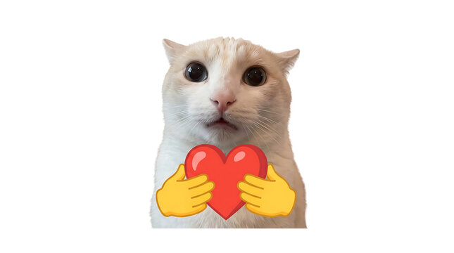 Loving Cat Hugging a Big Red Heart Pillow