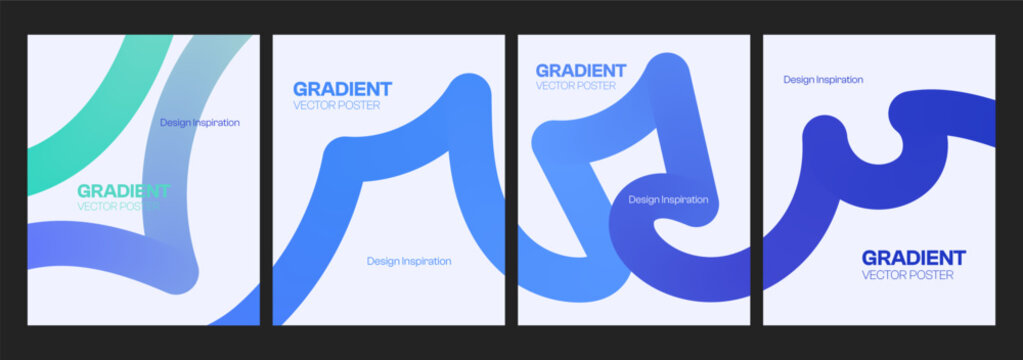 Four Abstract Gradient Vector Posters with Flowing Blue, Turquoise and Purple Curved Ribbon Shapes, Modern Minimalist Typography on White Background, Concept of Creative Design and Inspiration