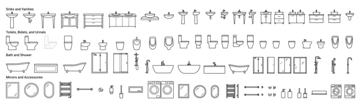 Labeled bathroom elevation CAD symbol library featuring sinks vanities toilets urinals bathtubs shower cabins mirrors and laundry appliances line art vector